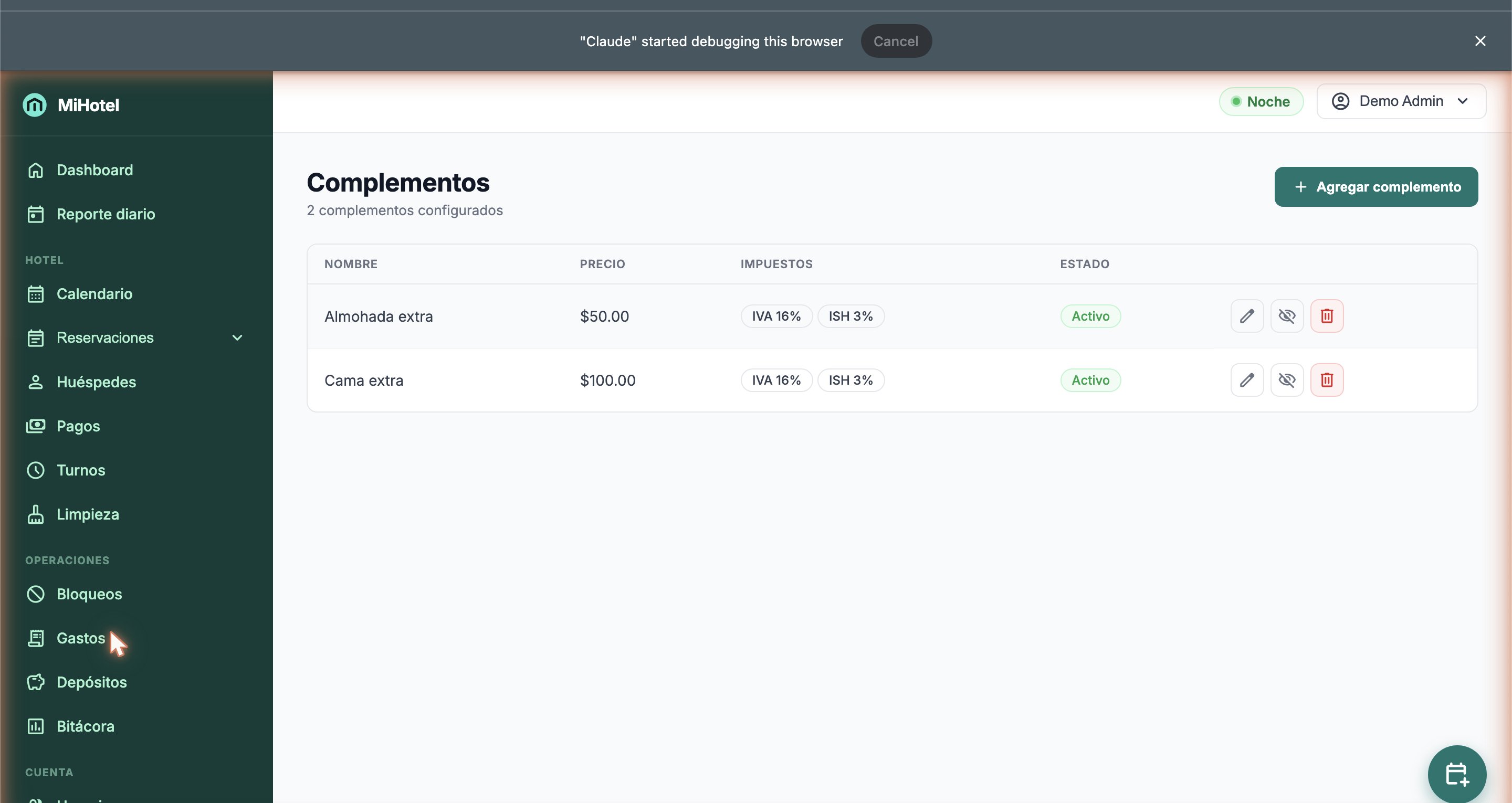 Lista de complementos configurados