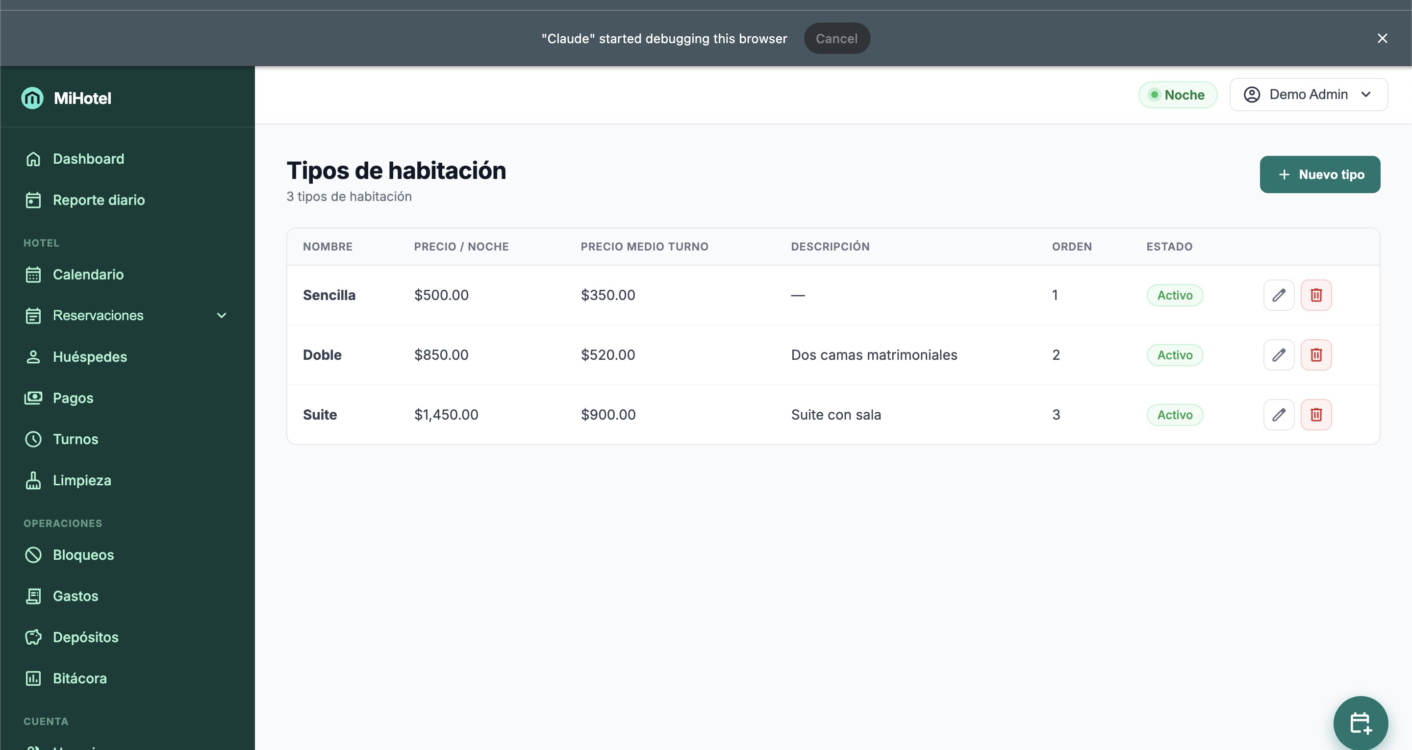 Tipos de habitación configurados