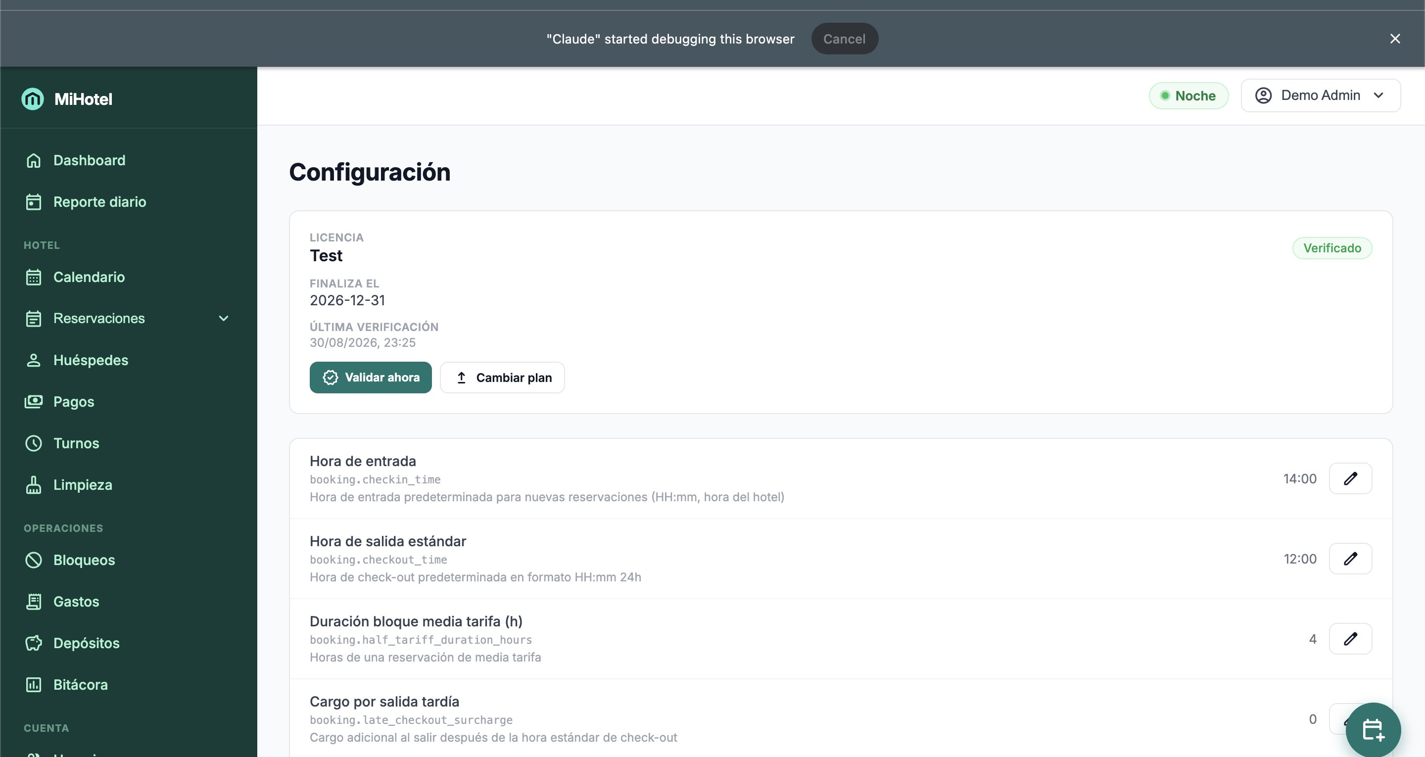 Pantalla de configuración general con tarjeta de suscripción