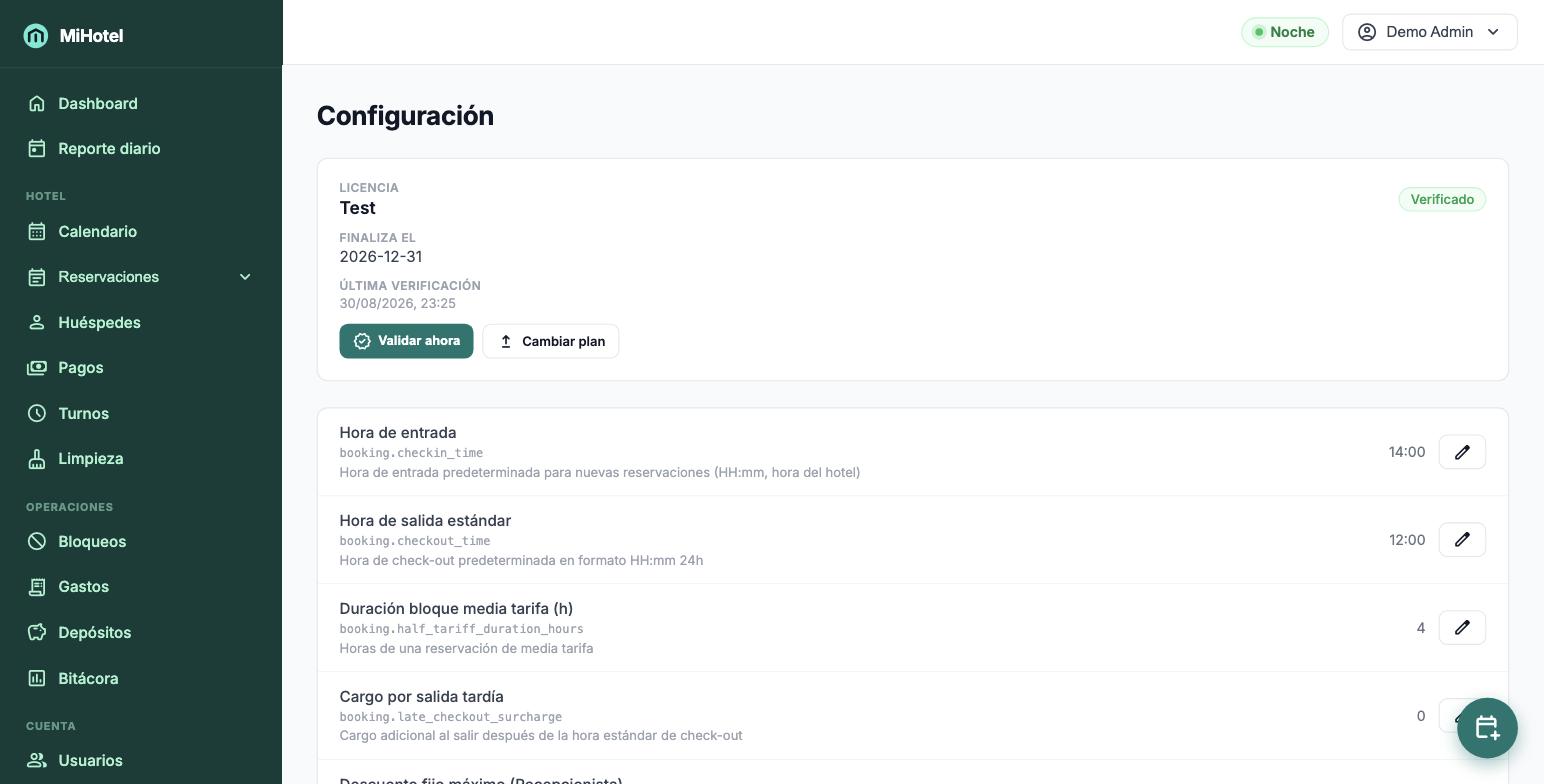 Pantalla de configuración