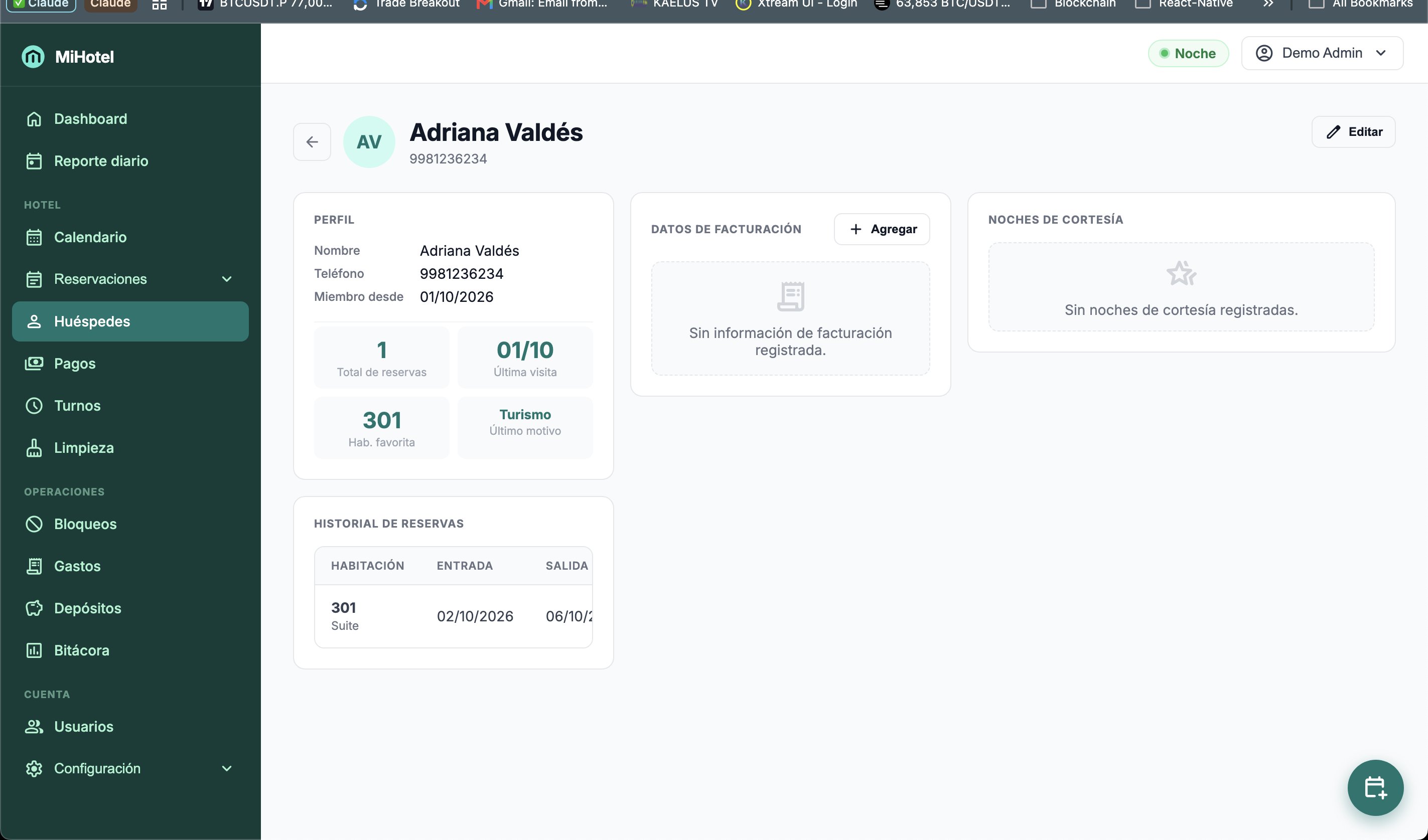 Perfil del huésped con historial de reservas