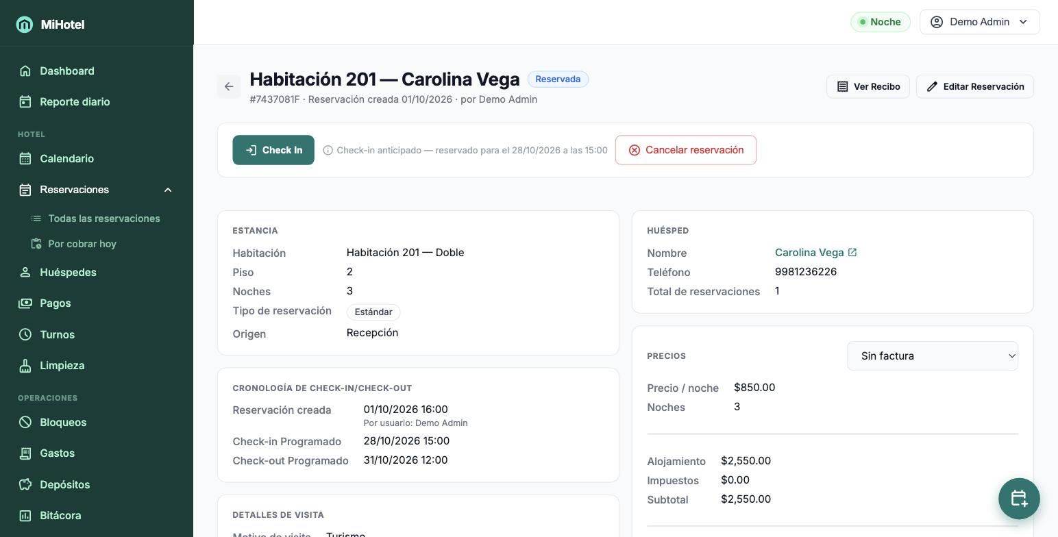 Detalle de reservación